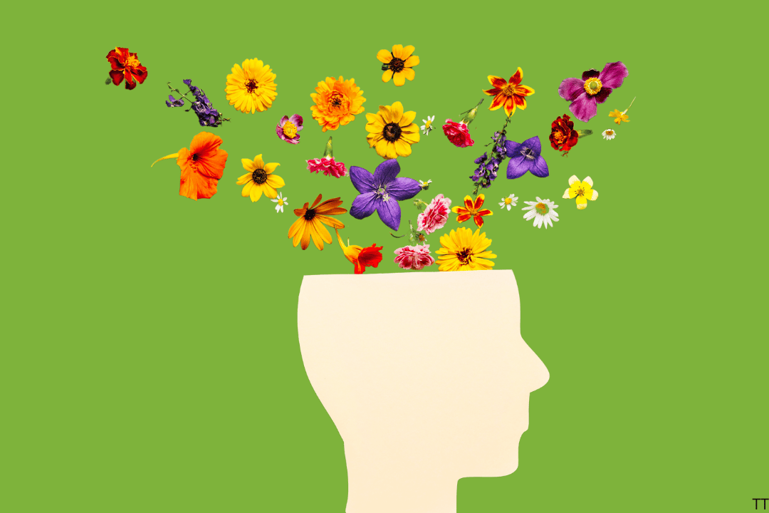 image with silouhette of head with flowers coming from the top of the head on a green background